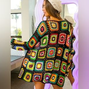 Handmade Vibrant Crochet Multicolor Cardigan Sweater Duster Kimono